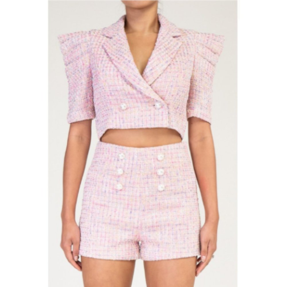 Two-Piece Tweed Crop Blazer Short Set